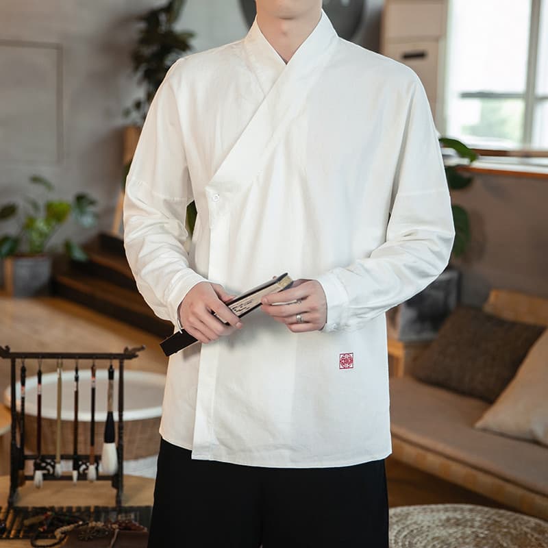 Estilo chinês masculino primavera outono bordado algodão linho manga comprida camiseta estilo chinês Tang terno Hanfu ca