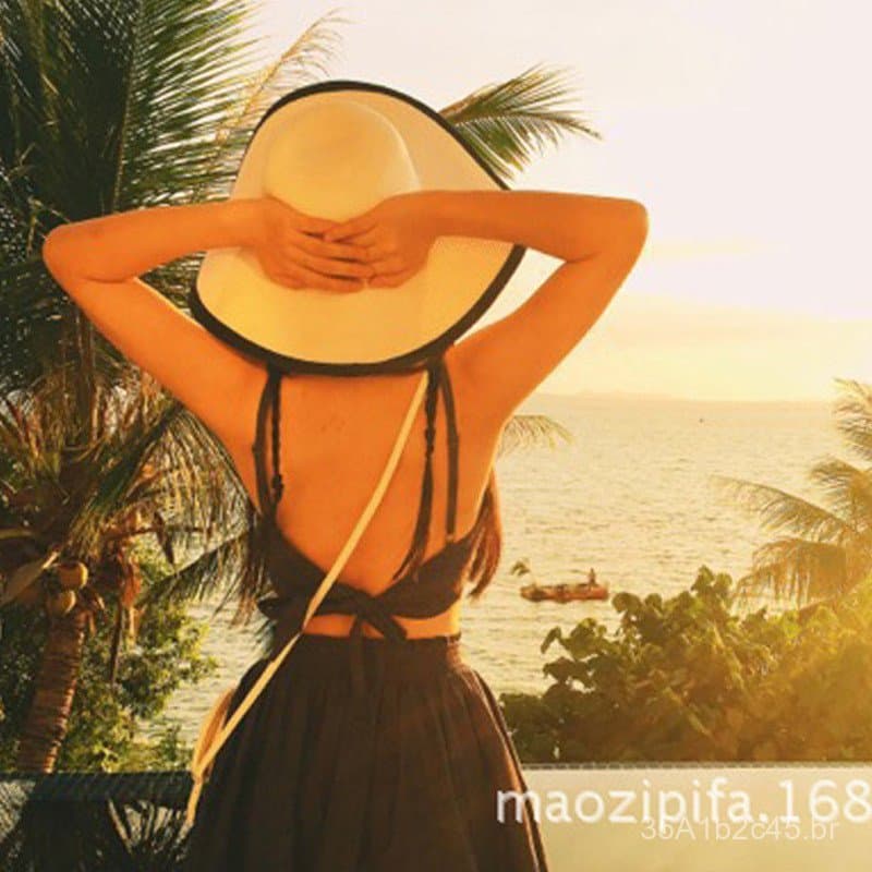 Chapéu de palha em patchwork preto e branco estilo Hepburn europeu e americano, chapéu de aba larga para férias na praia