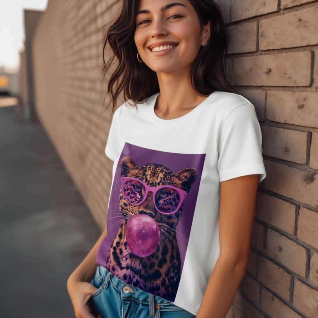 Camiseta Tigre Óculos Rosa Chiclete Camisa Algodão Estampada Divertida Algodão Premium Confortável Casual