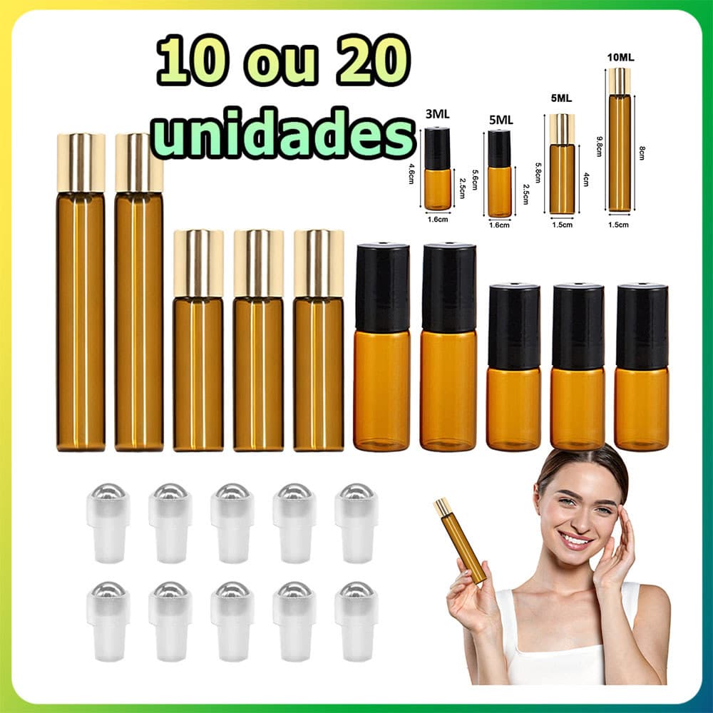 Kit 10/20 Frasco roll-on de vidro âmbar frasco para óleos essenciais frasco para amostras frasco à prova de vazamentos