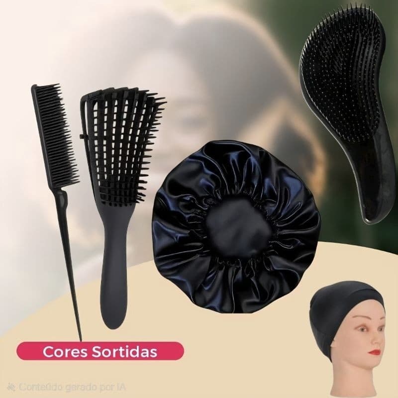 Kit Finalização – Escova Mágica, Polvo, 3 Fileiras, Touca Cetim e Touca Nero