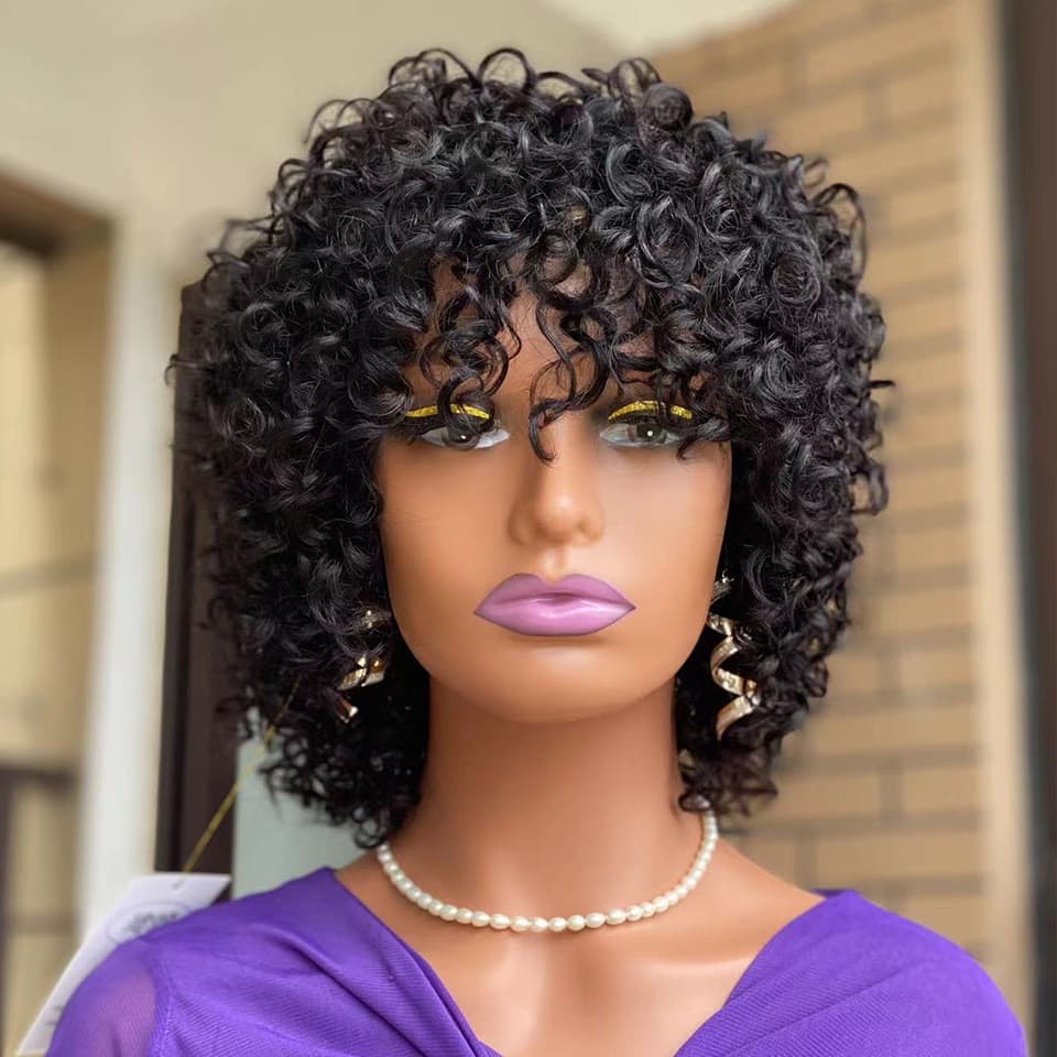 Perucas De Cabelo Humano Natural Onda De Água Com Franja Preta 25/30cm