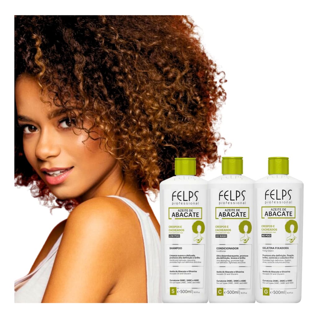 Kit Shampoo+Condicionador+Gelatina Fixadora Alta Definição Hidratação Brilho Cabelos Cacheados Felps