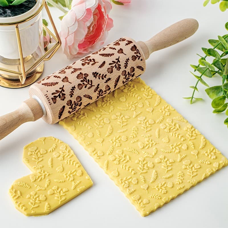 Rolo de Massa em Madeira com Estampa para Biscoitos e Confeitaria Ferramenta de Cozinha