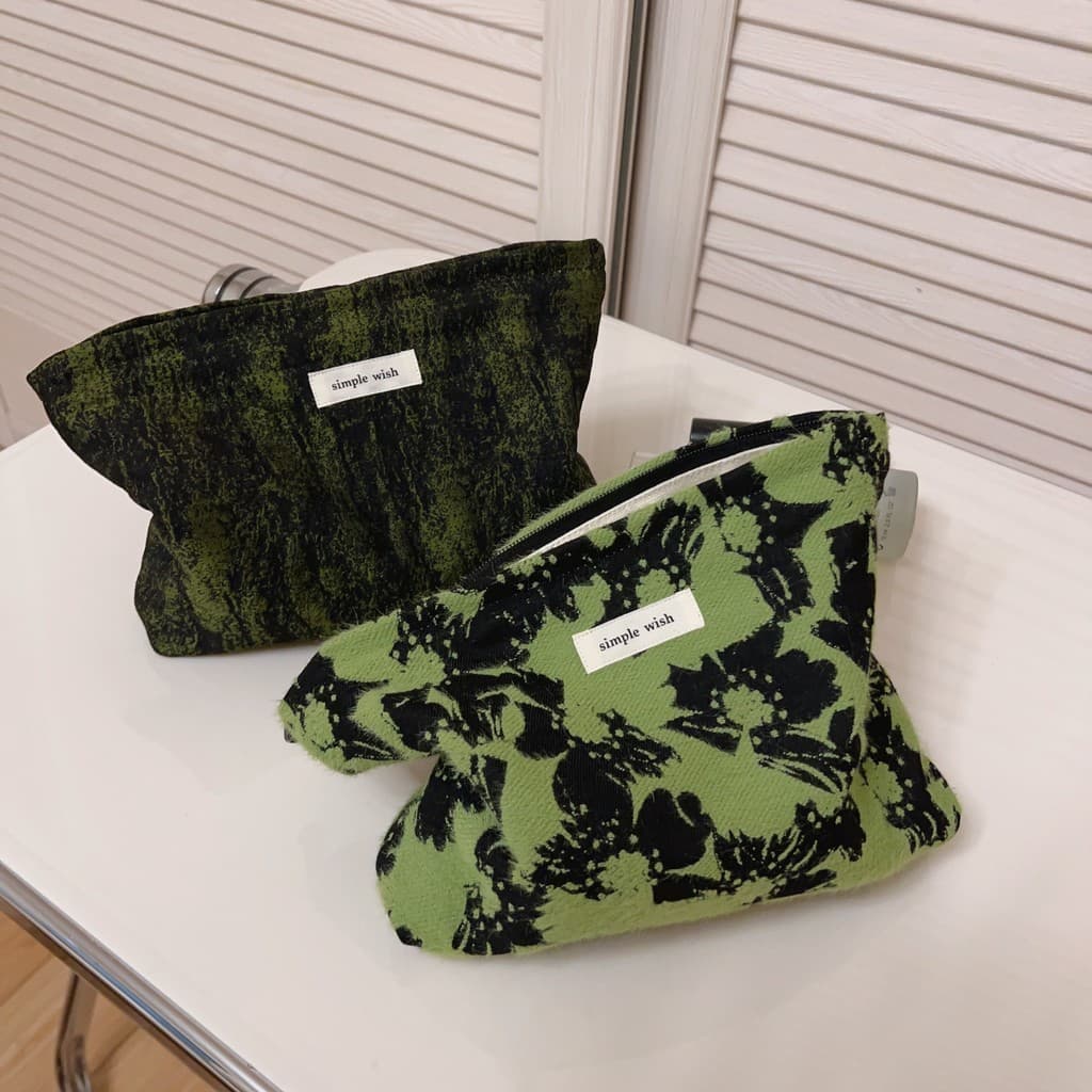 Bolsa de Maquiagem Vintage em Jacquard Verde e Preto, Clutch Feminina de Lona, Bolsa Quadrada Pequena com Grande Capacid