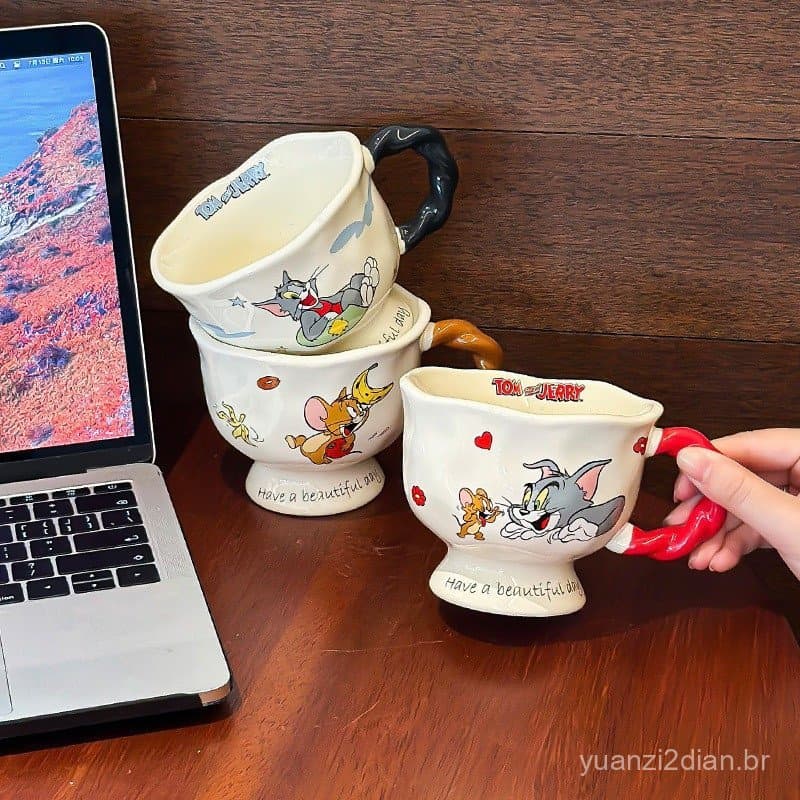 (Entrega em 24 Horas) Caneca de Cerâmica Retrô Tom e Jerry, Caneca de Café, Souvenir, Caneca de Água de Desenho Animado