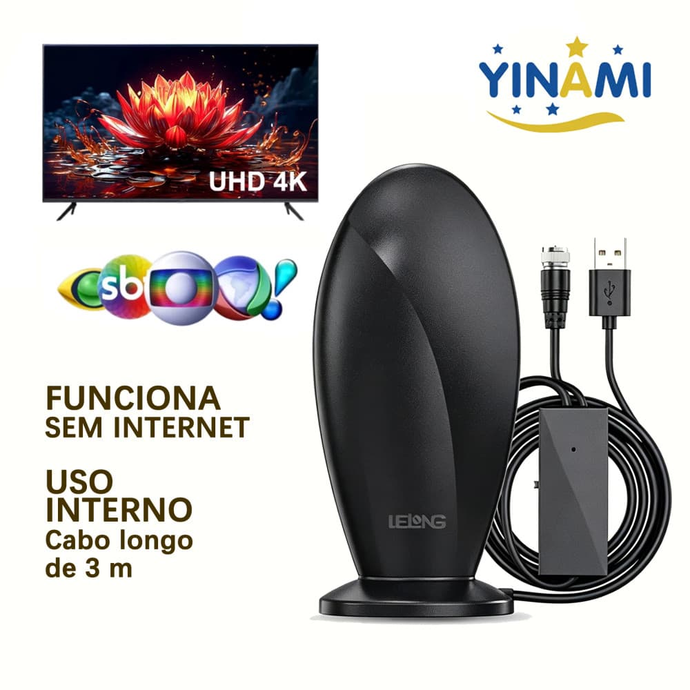 Antena Digital para TV Interna Amplificada USB 3m Cabo 25dBi Ganho Sinal Forte 1080p HDTV UHF/VHF