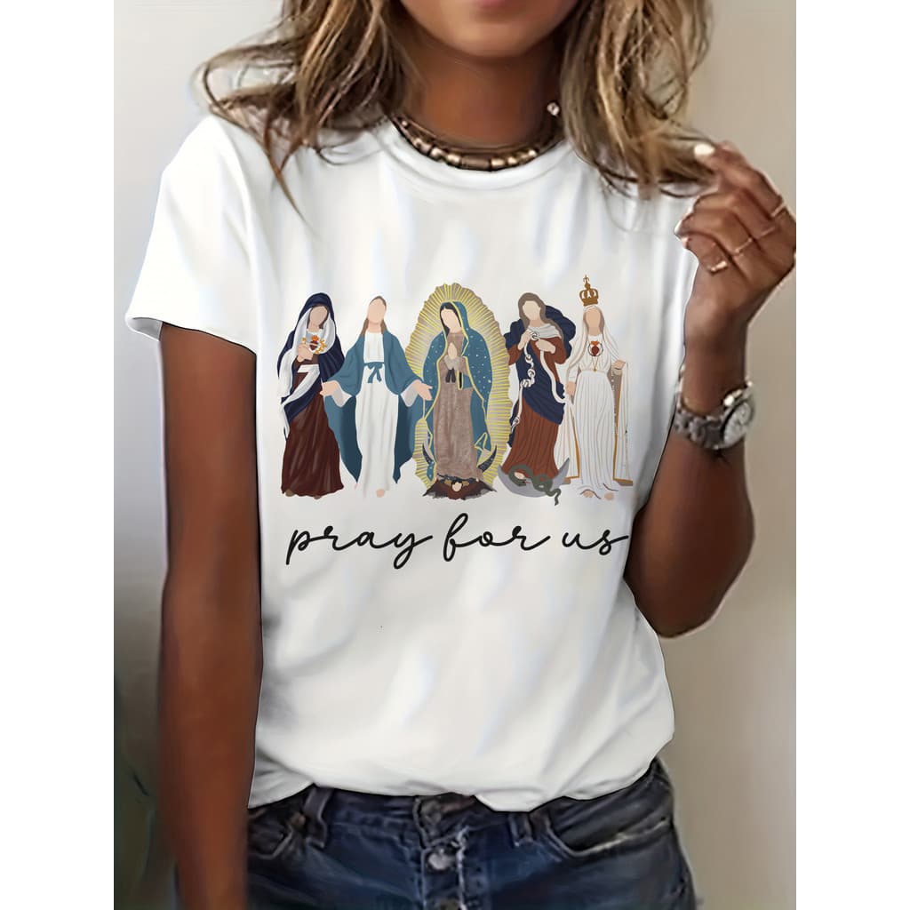 T-shirt Feminina  Estampada Virgem Maria "Ora por Nós" Maria Imaculada Católica Nossa Senhora Fátima Semana Santa Cristã