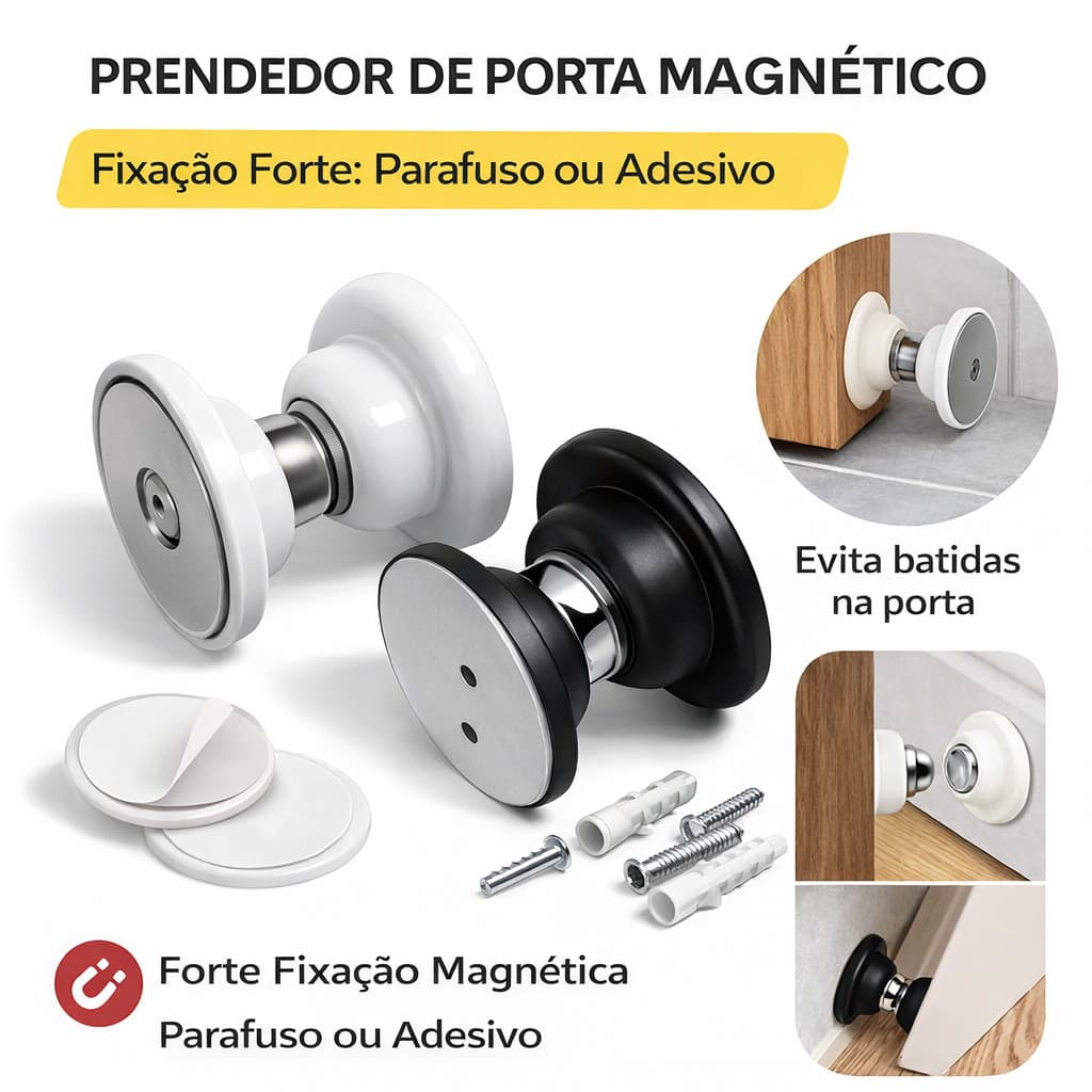 Trava Magnética de Porta Forte Anti Impacto – Sem Barulho, com Adesivo ou Parafuso Inox 304