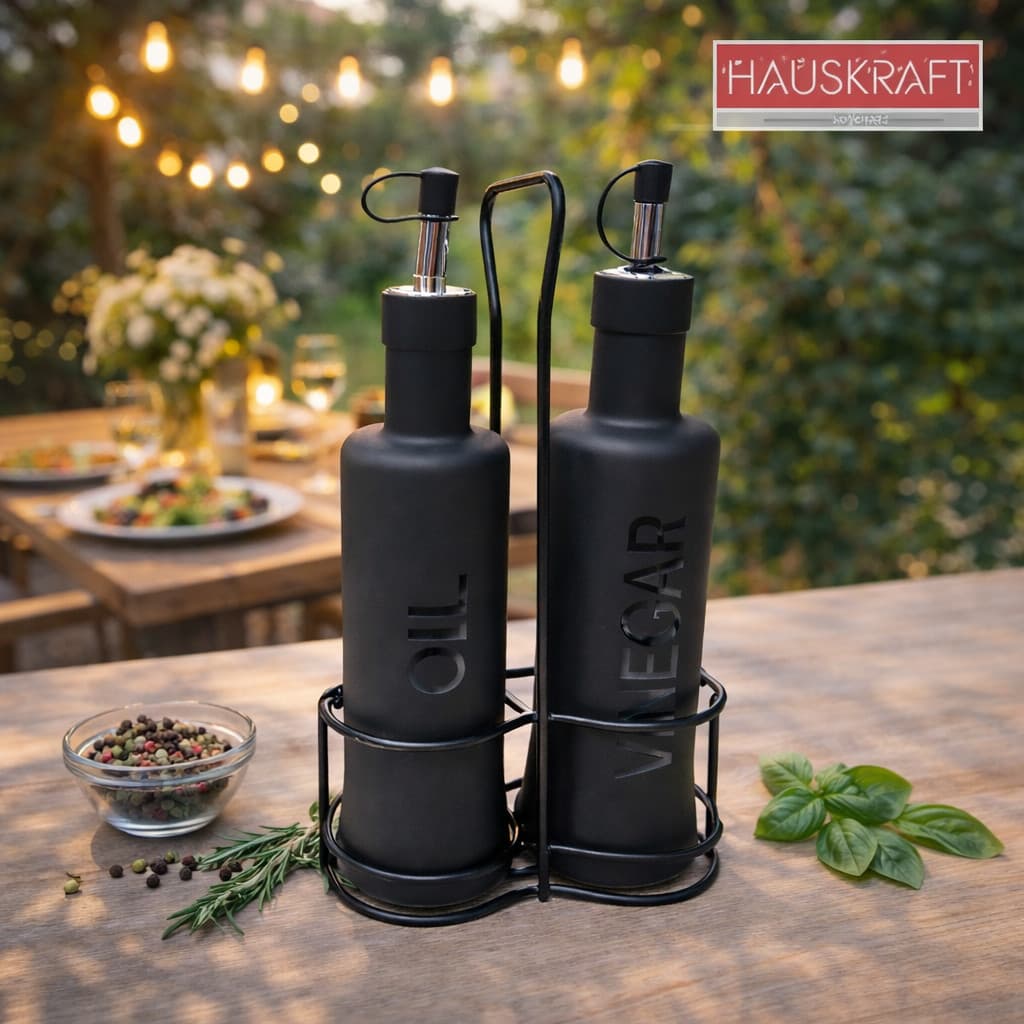 Galheteiro de Vidro Nero com Suporte 5 Peças Porta Azeite Vinagre Molhos Temperos Cozinha Completo