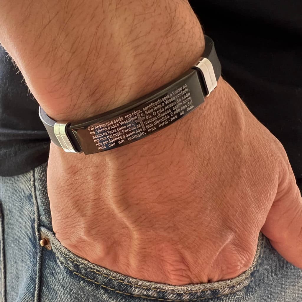 Pulseira Masculina Slade Com Oração Pai Nosso em Aço Inox Preto