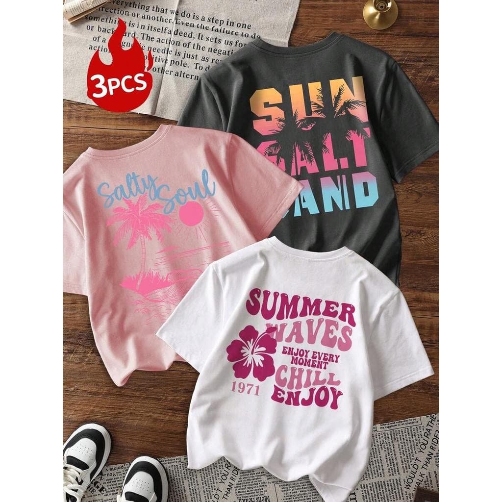 KIT 3 camisetas manga curta gola redonda letras tartarugas caranguejos conchas águas vivas colorido