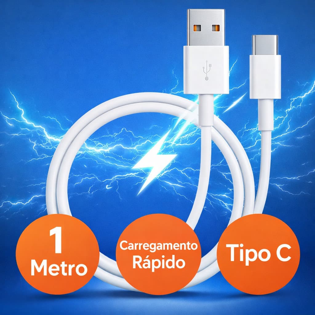 Cabo USB Tipo C Turbo 25W 1m Carregamento Rápido Reforçado Alta Velocidade Android iPhone USB-C