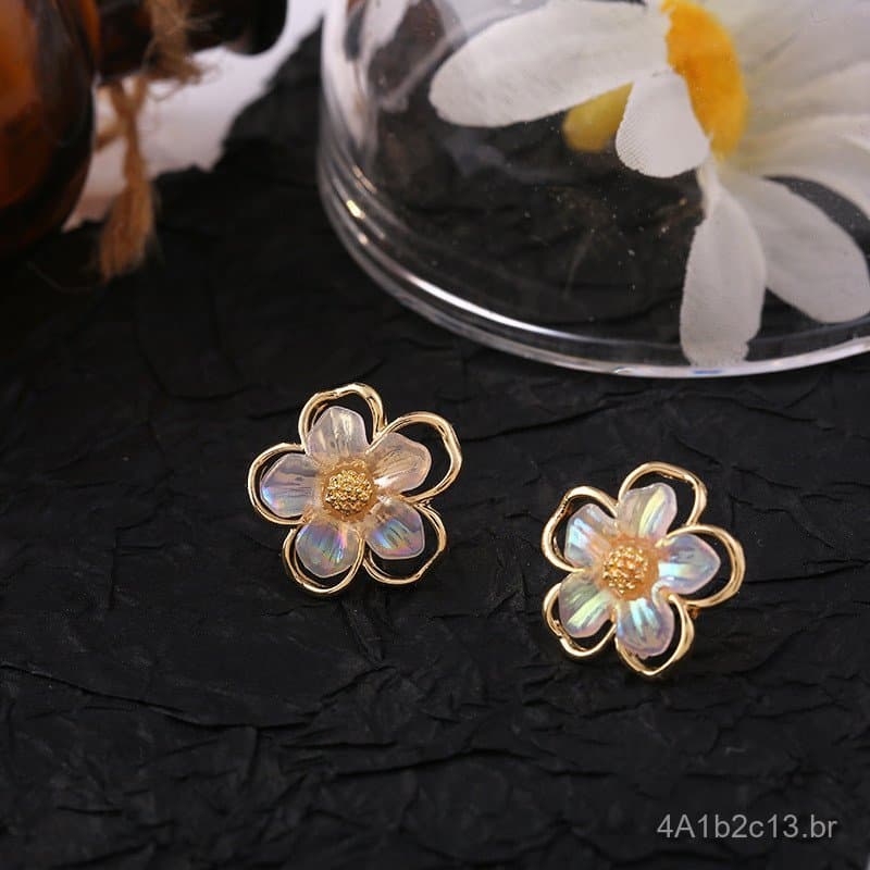 Brincos femininos de prata 925 com flor de concha de dupla camada, estilo coreano Dongdaemun, elegantes e estilosos, bri