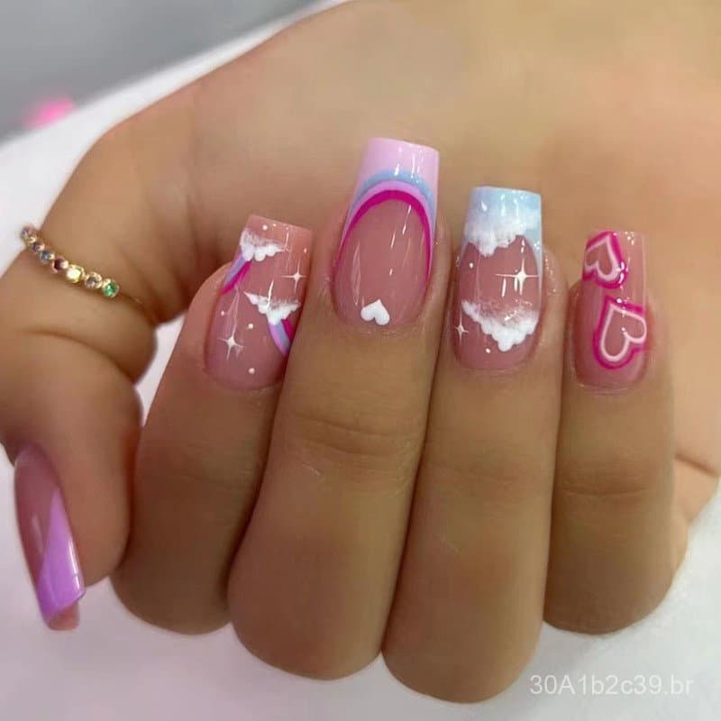 Unhas Postiças Cloud Rainbow Heart, Estilo Europeu e Americano, Pontas Francesas, Manicure para Casais, 24 Peças