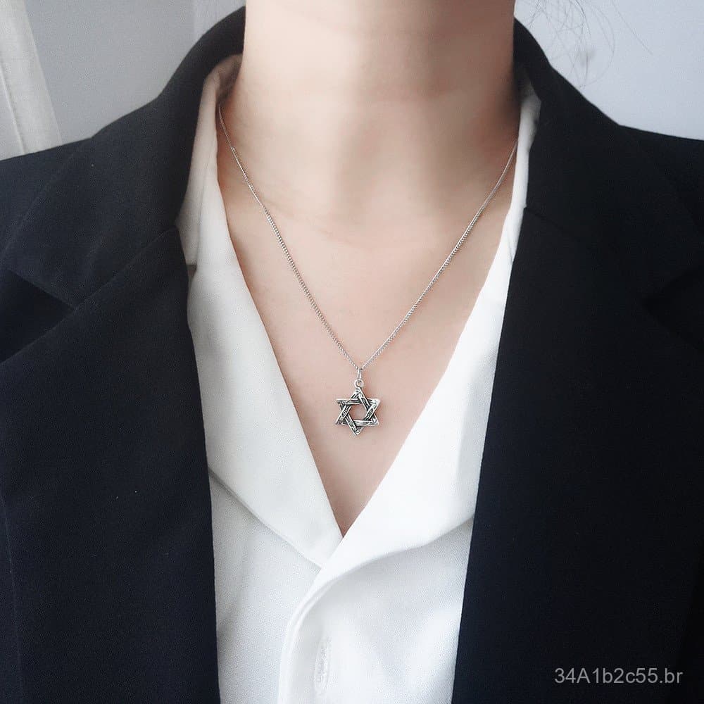Colar hexagrama retrô exclusivo em prata esterlina s925, joia CHIC estilo coreano, corrente de clavícula feminina em for