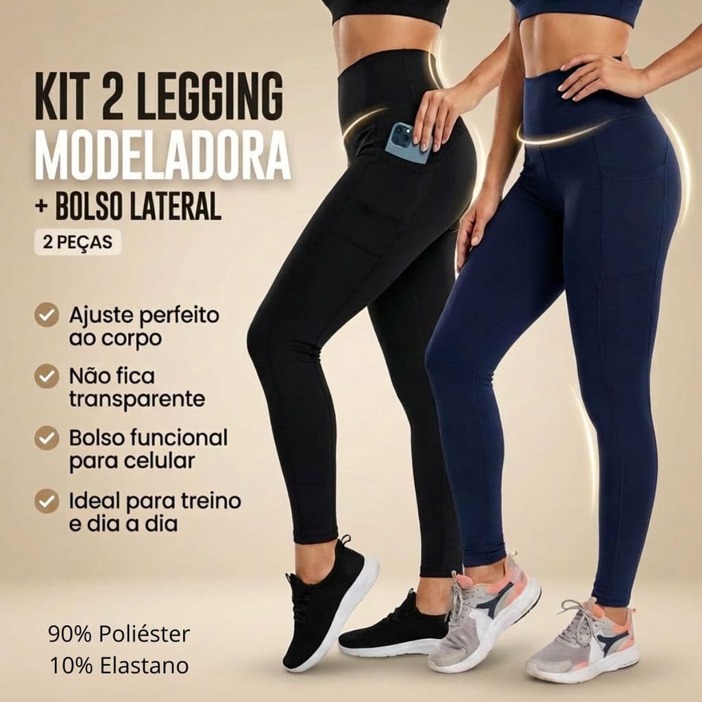 Kit 2 Calça Legging Bolso Lateral Cintura Alta Academia Feminina Zero Transparência Treino Fitness
