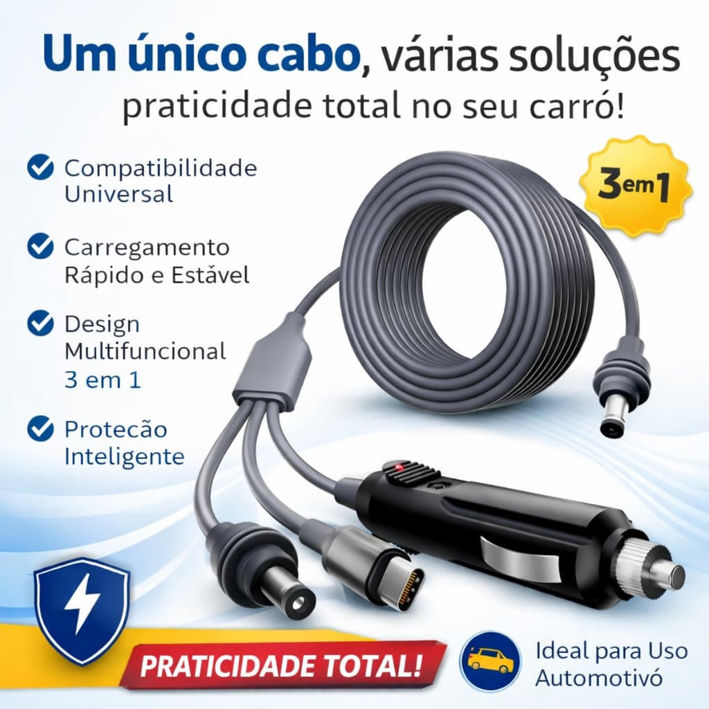 Cabo Automotivo 3 em 1 Starlink Mini USB-C DC 12V/24V 3m Resistente Carro