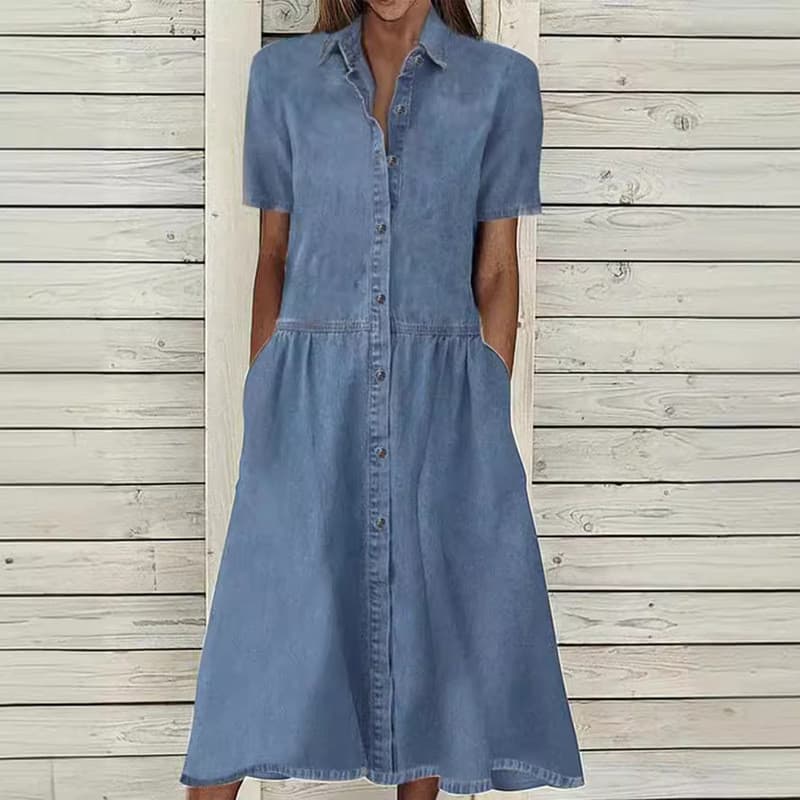 Novo vestido jeans Casual com lapela