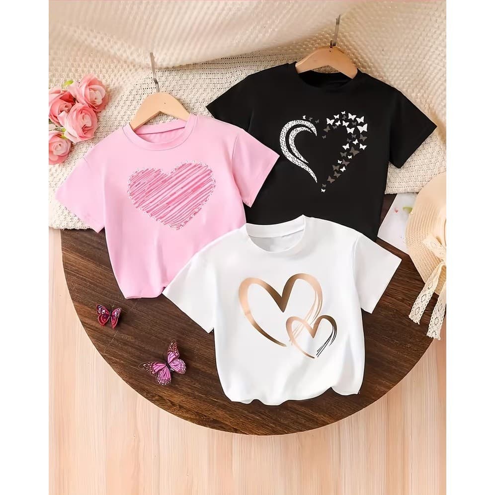 Kit 3 Camisetas Infantil Estampa Corações Blusas Meninas Moda Infantil Blogueirinha Algodão