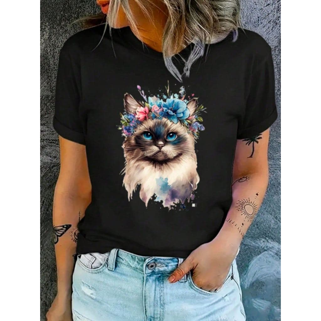 Camiseta Feminina de Gola Redonda Estampada com Gato, Moda T-shirt Feminina com Estampa de Gato, Camiseta Casual