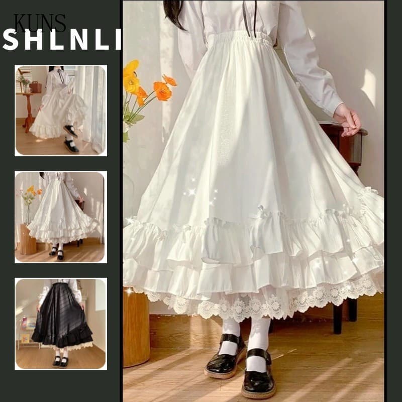Saia Feminina Japonesa de Renda em Cor Sólida, Comprimento Médio, Estilo Y2k, Preta e Branca, Maid Princess, Primavera O