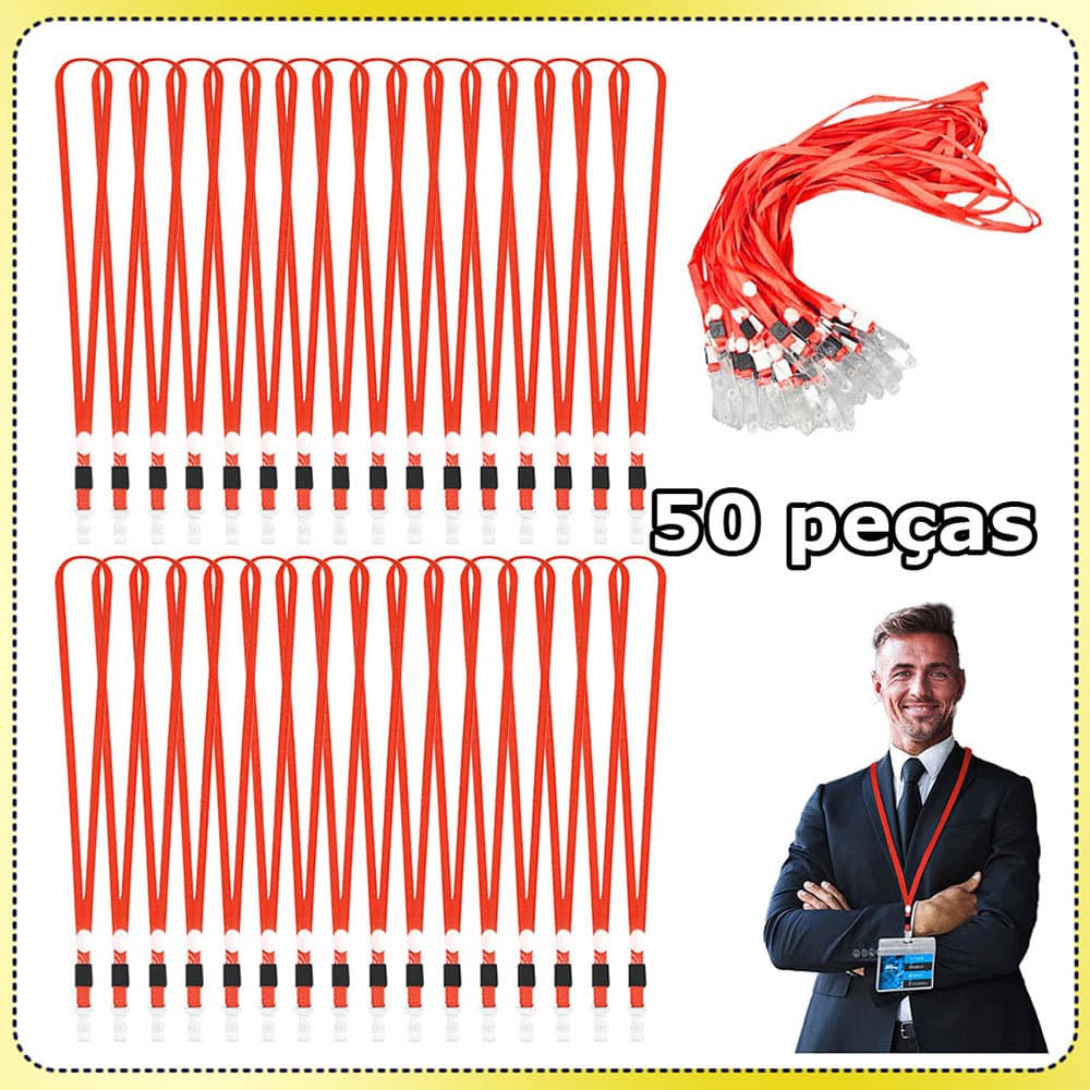 50x Cordões Porta Crachá Cordão vermelho Cordão para cartão de identificação com gancho plano Lanyard Suporte Poliéster