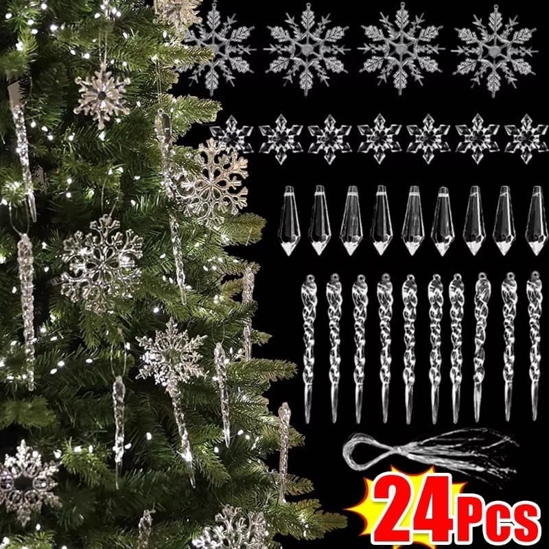 12/24 Unidades Pingentes De Natal De Gelo Artificial Transparente-Pingente De Cristal De Simulação-Decoração De Árvore-F