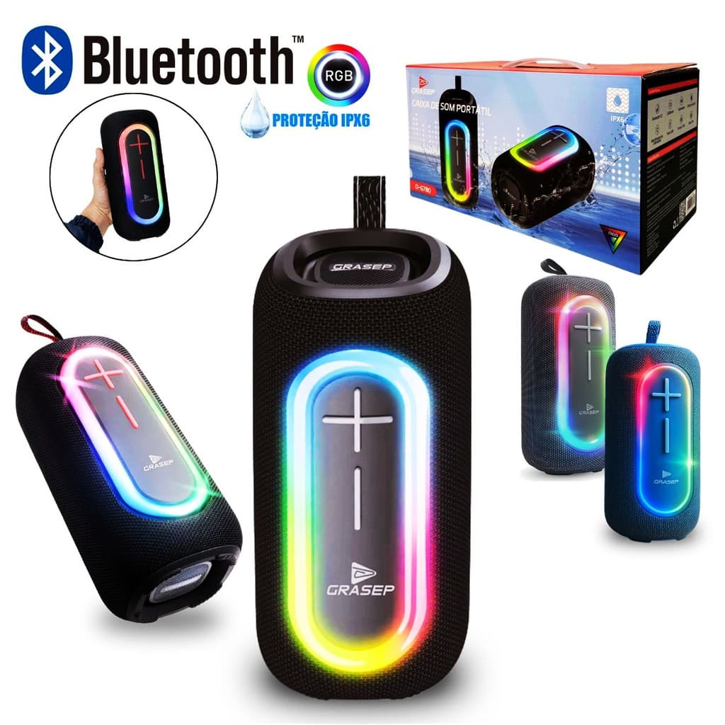 Caixa de Som Bluetooth Portátil Resistente Água IPX6 Grave Forte Subwoofer LED TWS USB SD Rádio FM MP3