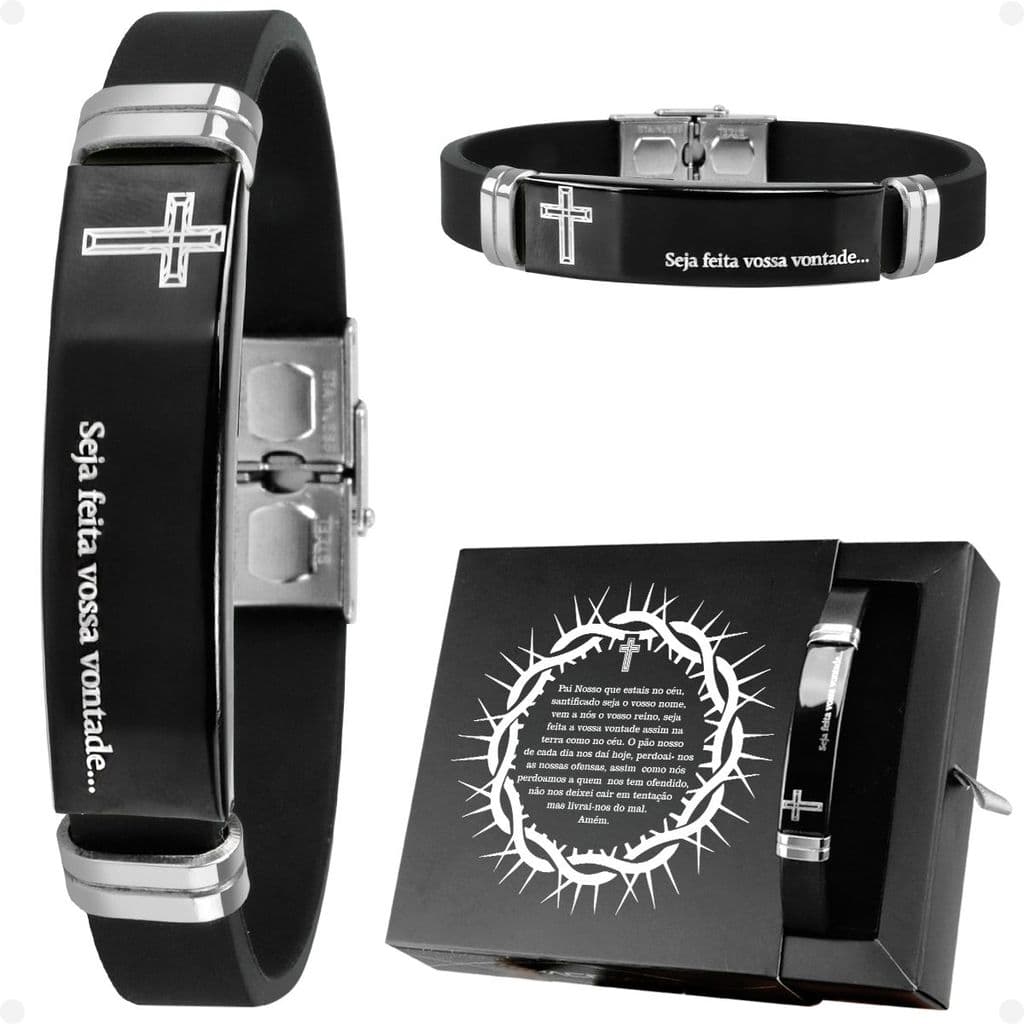 pulseira masculina placa aço inox preta pai nosso + caixa preto social original catolico presente