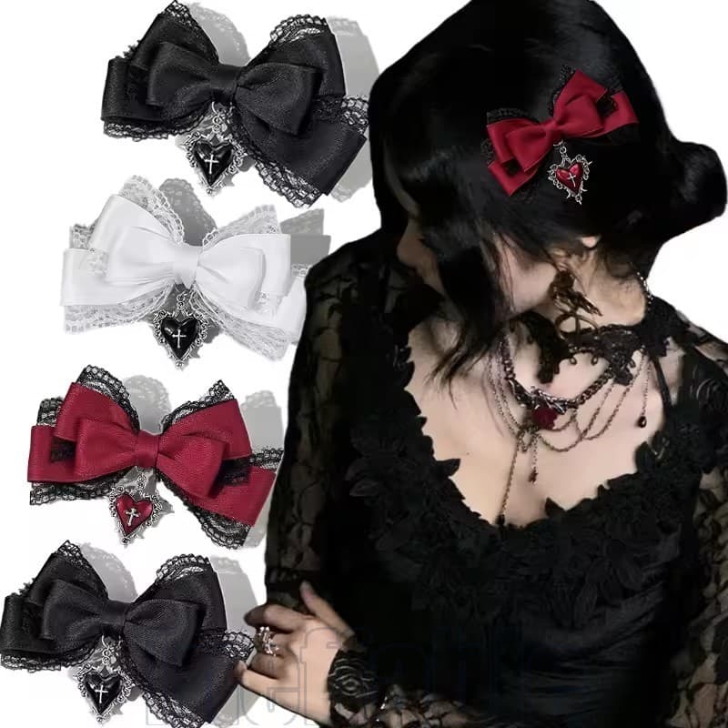 1/2 Peças Prendedor De Cabelo Gótico Amor Cruz Laço – Presilha Feminina Punk Fashion Elegante Lolita Acessório De Cospla