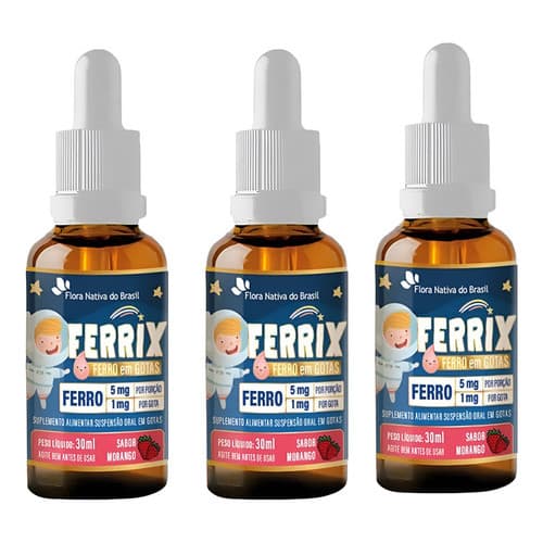 kit 3 frascos FERRIX Ferro infantil 30ml - Flora Nativa Sabor Morango