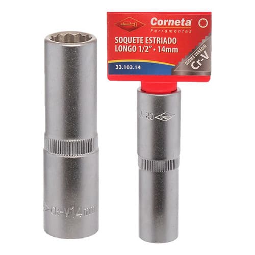 Soquete Estriado Longo Encaixe 1/2 Boca 14 Mm Saga Corneta Cromo