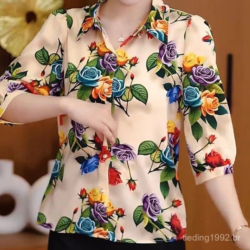 Blusa Feminina De Chiffon Plus Size Estilo Coreano Moda Casual Estampa Floral Camisa De Meia Manga