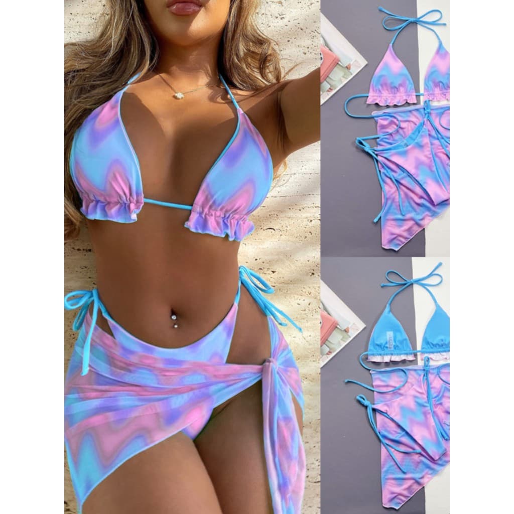 2023 europeu americano Tie-Dye feminino maiô de três peças biquíni quente menina praia beira-mar rendas dividir biquíni