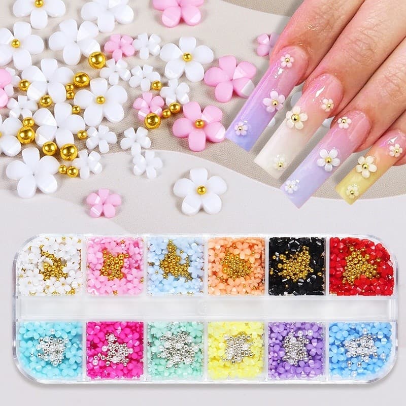 12 Grades 3d Acrílico Flor Peças De Unhas Decoração Contas De Aço Misturadas Kawaii Acessórios Profissionais
