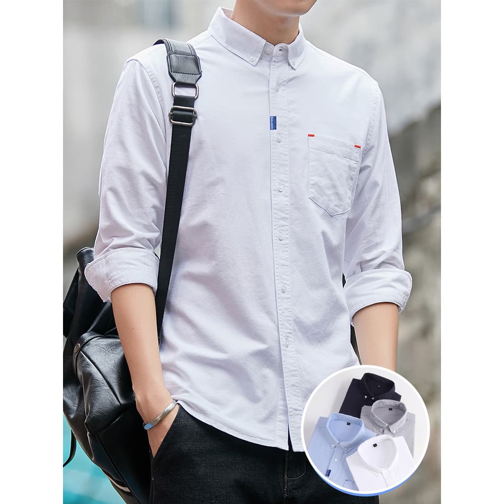 Oxford camisa giratória masculina estilo japonês primavera Casual manga comprida verão venda quente na moda branco puro