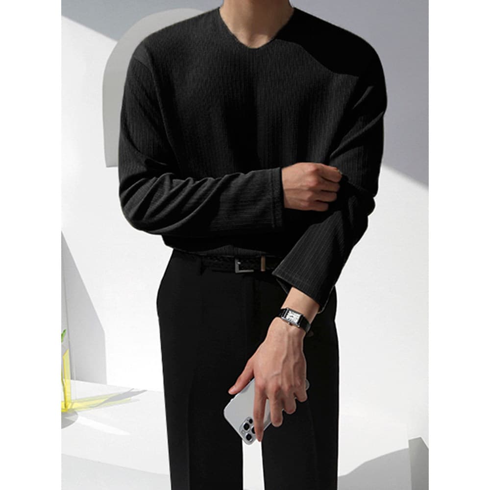 MRCYC Camiseta masculina de manga comprida com decote em V básico outono novo estilo coreano Casual solto cor sólida cam