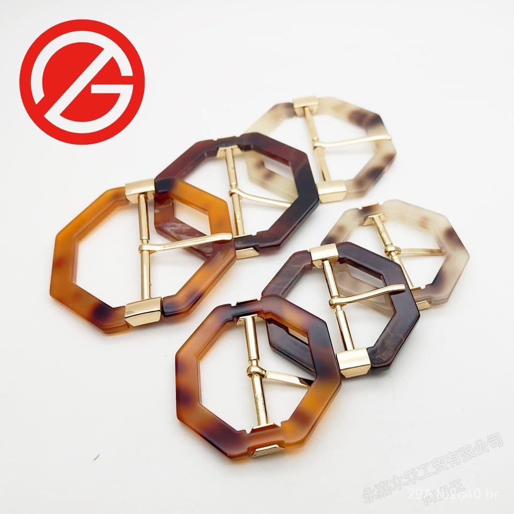 YJ018 Fivela de Cintura Simétrica Octogonal de Acetato e Metal com Três Botões para Casacos e Sobretudos, Direto do Fabr