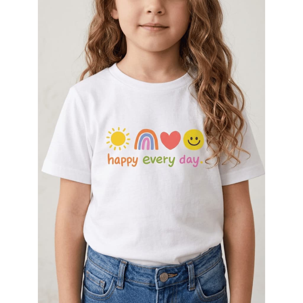 Camiseta Infantil Menina Algodão Estampa Happy Casual Confortável Blusa T-Shirt Premium Luxo Roupa