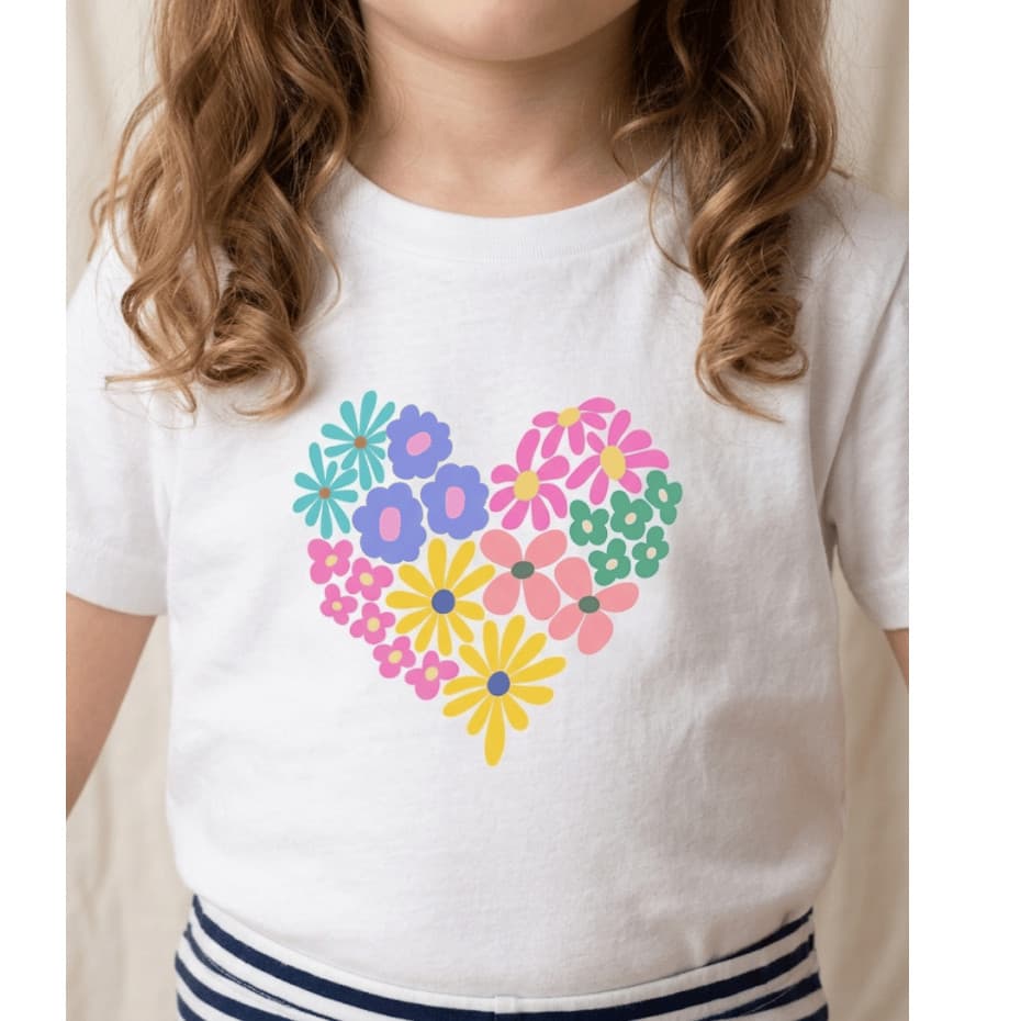 Camiseta Casual Infantil Menina Coração Floral Confortável 100% Algodão Verão Básica Estampada