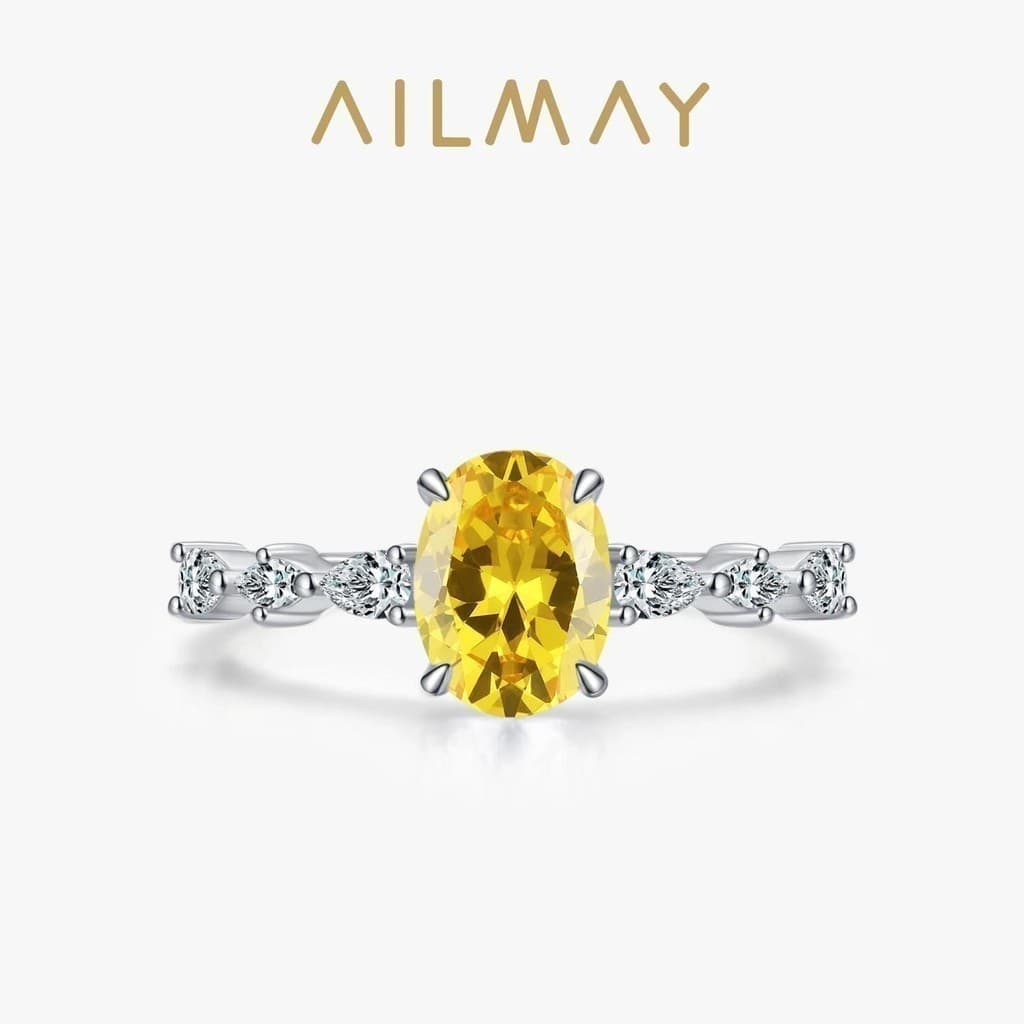 Ailmay 925 Prata Esterlina Luxo Oval Amarelo Brilhante Cristal Anel De Dedo Para Mulheres Noivado Casamento Na Moda Jóia