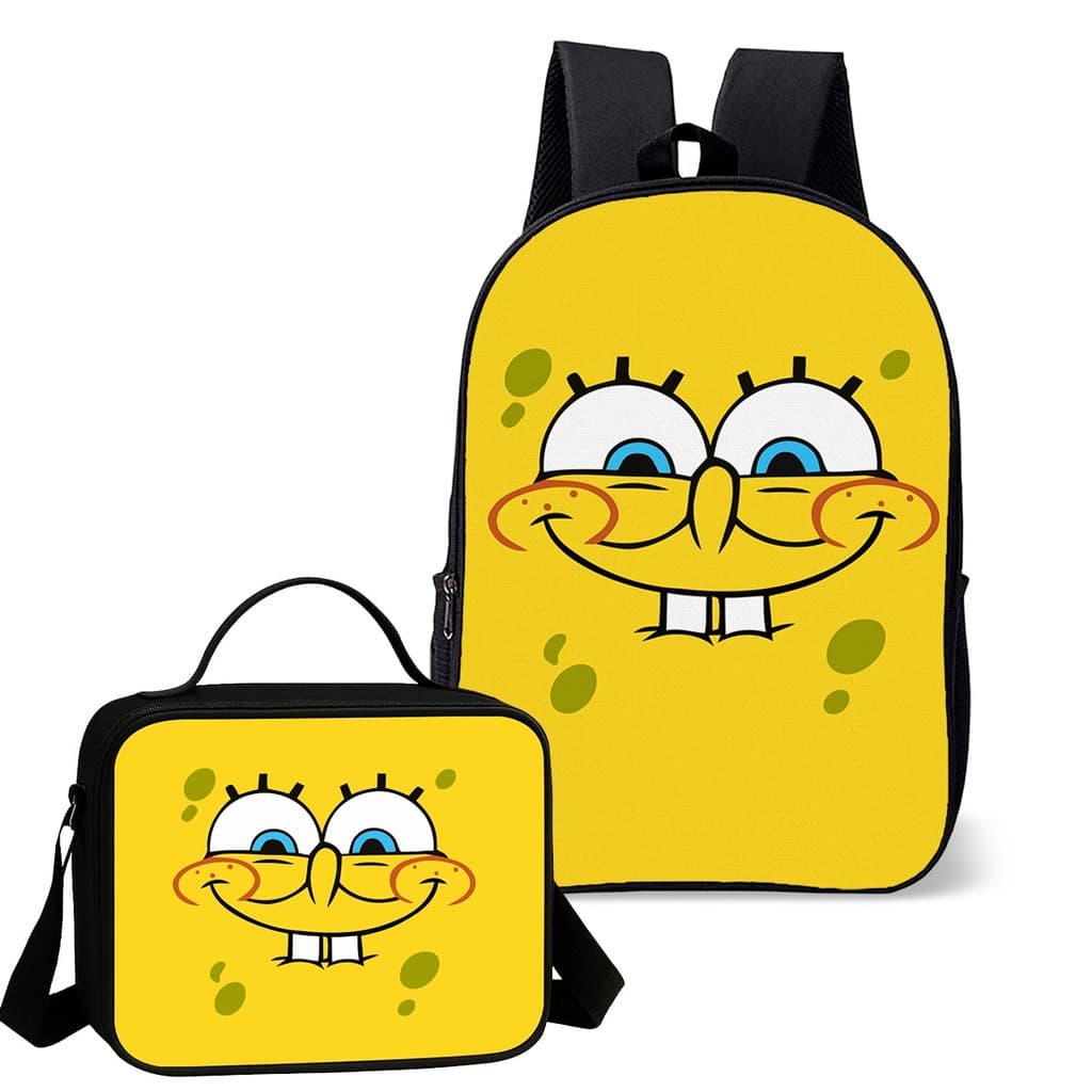 Mochila Escolar com Lancheira Térmica Infantil Estampa Bob Esponja Amarela Rostos Avulsa ou Kit