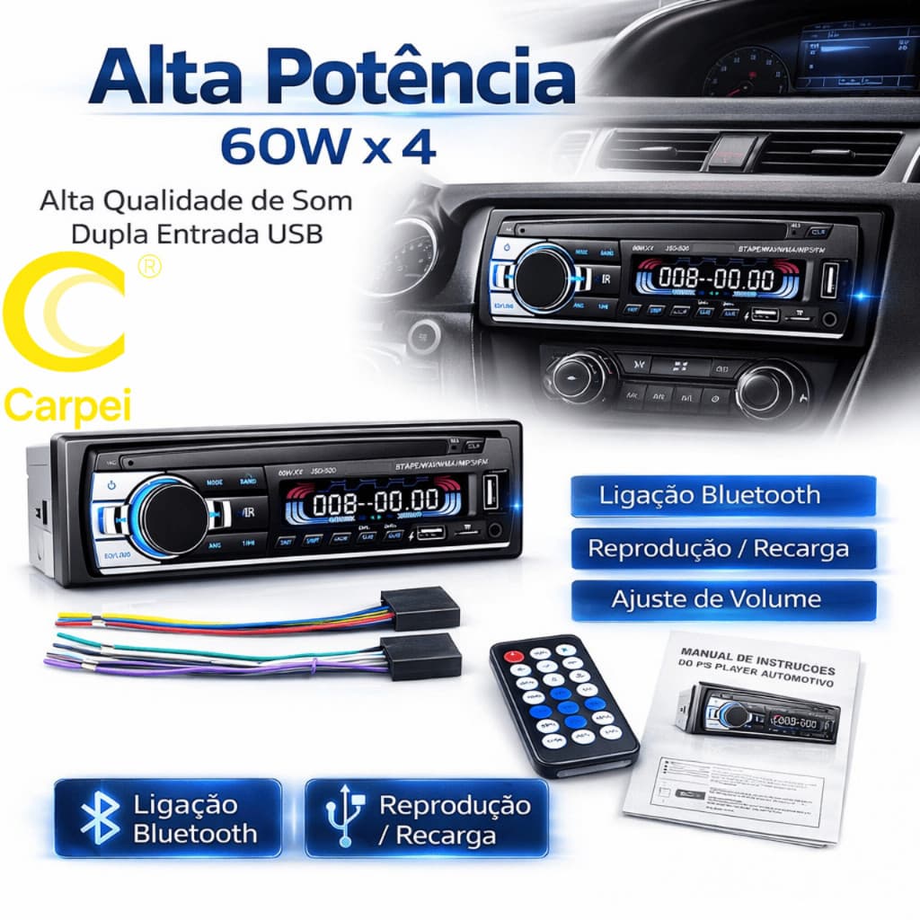 Aparelho De Som Automotivo Rádio 25W De Carro Bluetooth Pendrive SD Rádio Aux In Mp3 Player Multicolor Visor Led JSD-520
