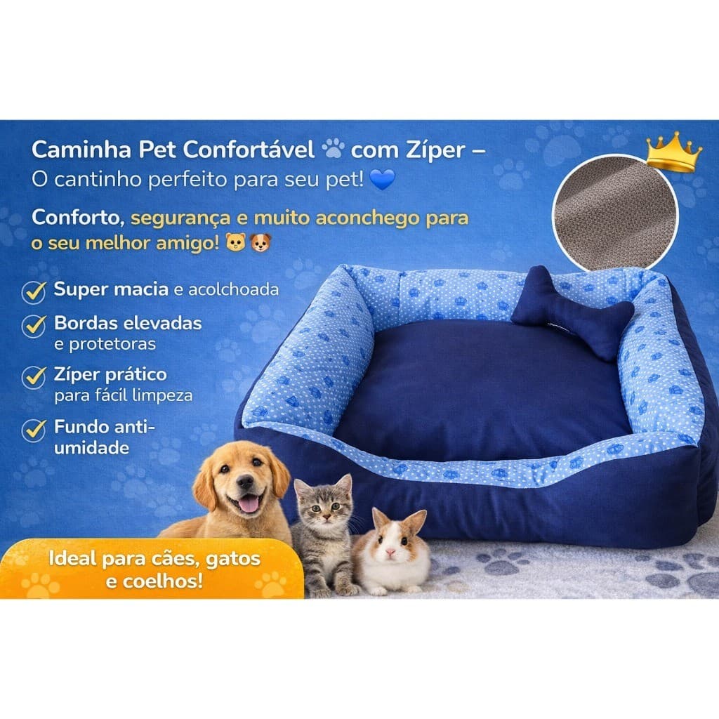 Caminha Pet Confortável Com Zíper E Travesseiro Brinquedo De Osso Super Confortável Bordas Elevadas Anti Humidade