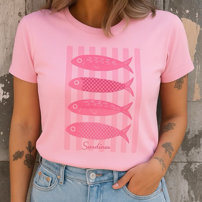 Camiseta Feminina Sardines Estampa Peixes Verão Confortável Estilo Moda Lançamento