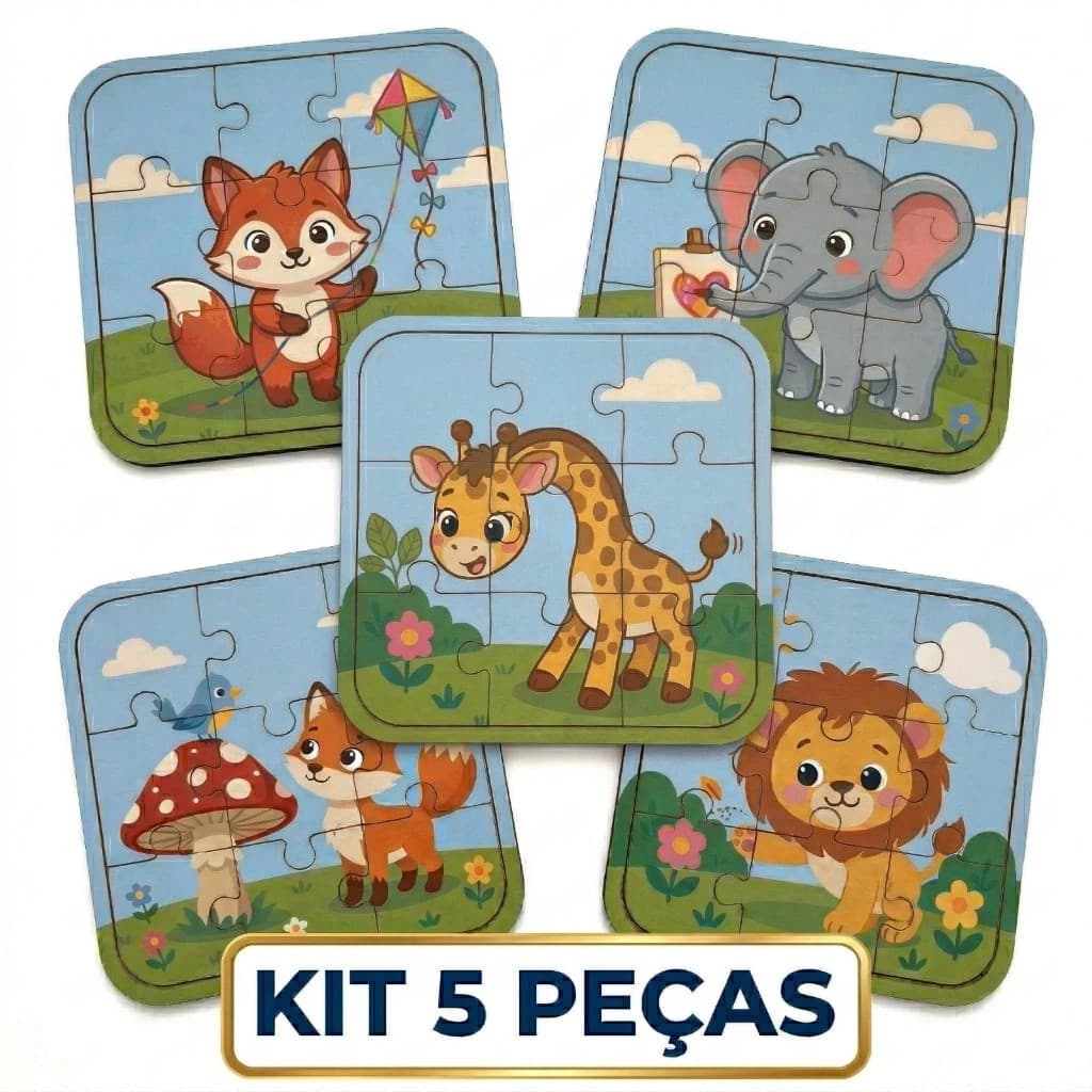 Kit 5 Quebra-Cabeça Infantil Educativo Madeira Mdf Animais Selva Fofos Brinquedo Pedagógico Desenvolvimento 9 Peças cada