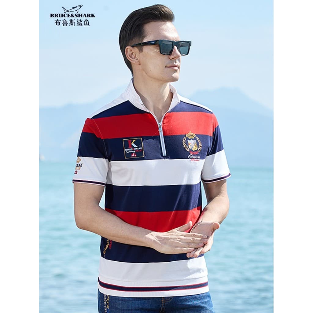 Verão na moda camiseta masculina de manga curta camisa Polo Bruce Shark Street Wear masculino gola alta solta listrado P