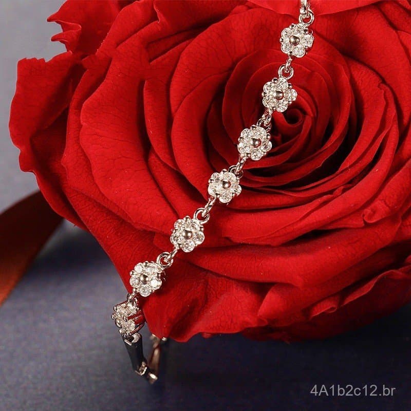Pulseira feminina banhada a prata 925 com sete flores incrustadas de diamantes, estilo japonês e coreano, design simples