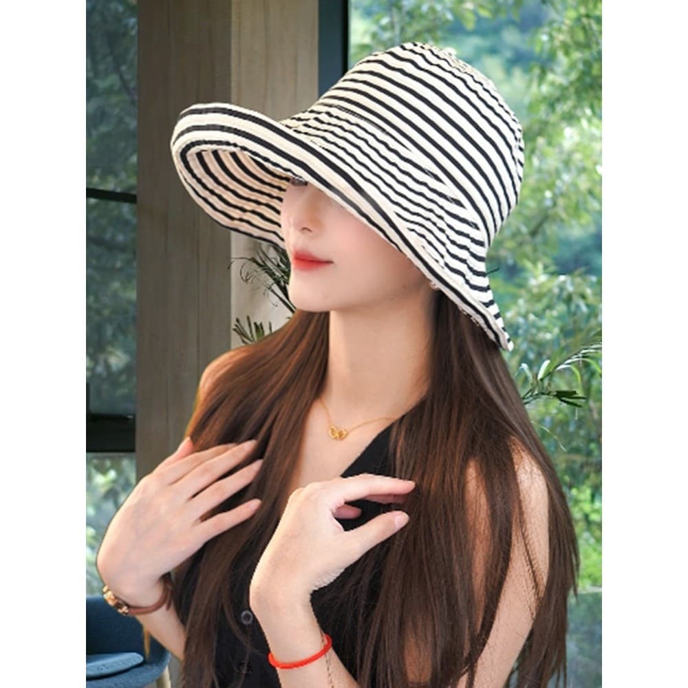 Versão coreana novo estilo contraste cor listrado grande borda balde chapéu feminino verão viagem elegante All-Match pár